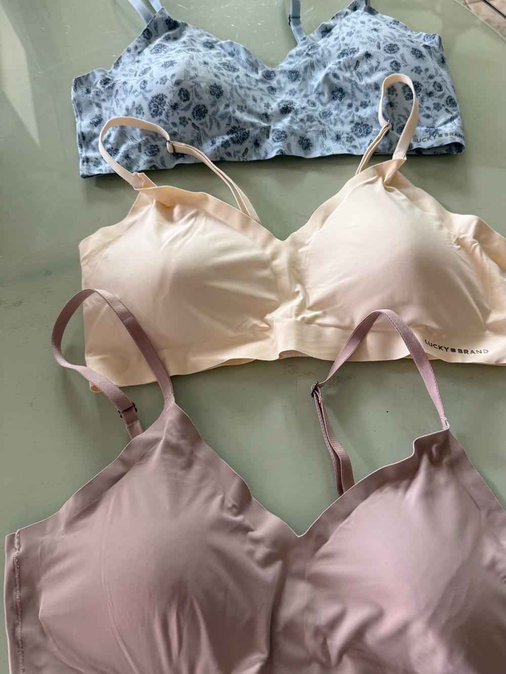 Lucky Brand 3-Pack Wireless Bras in Dusty Rose, Light Cream & Blue Floral